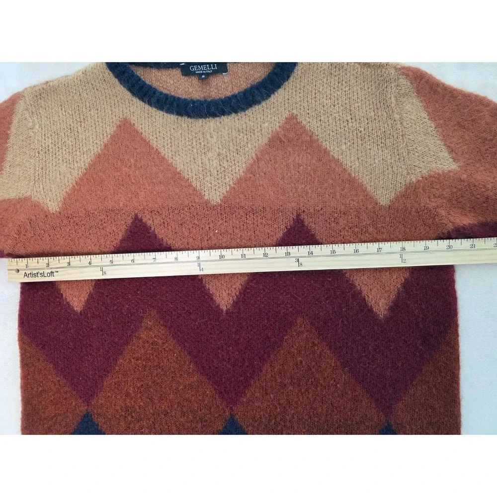 Gemelli Sweater Size‎ S Italian Mohair Brown Blue Red Chevron Pattern Crewneck